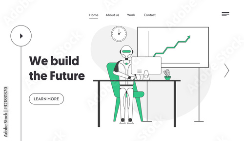 Artificial Intelligence in Human Life Website Landing Page. Robot Sitting at Desk with Computer Work in Office. Smart Devices Automatization Web Page Banner. Cartoon Flat Vector Illustration, Line Art