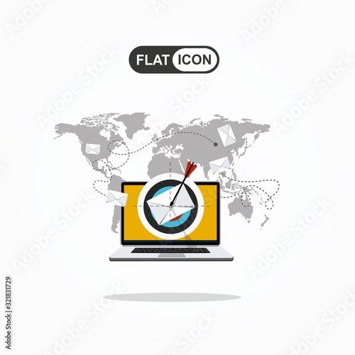 Laptop with email letter and arrow on the target. Email marketing, internet advertising concepts. Vector illustration.