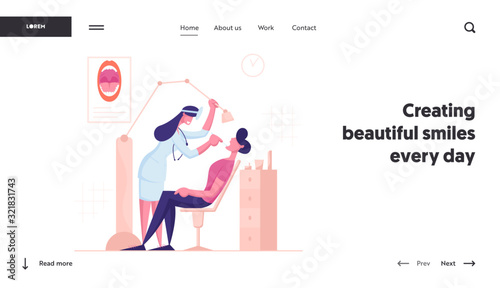 Stomatology Treatment Website Landing Page. Patient Lying in Medical Chair in Stomatologist Cabinet. Doctor Conducting Oral Cavity Medical Check Up Web Page Banner. Cartoon Flat Vector Illustration