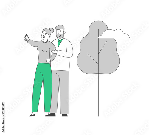 Senior People and Smart Devices Concept. Aged Couple Making Selfie on Nature Background. Elderly Man and Woman Have Fun Together Photographing on Mobile Phone Cartoon Flat Vector Illustration Line Art