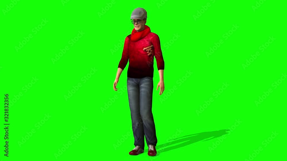 4K 3D animation of an handsome man in a red sweater and cap walks and makes various gestures.