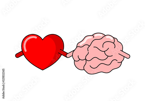 Cartoon human brain with red heart. Internal organs.  Brain and heart concept.  emotions and rational thinking. Vector illustration isolated on white background.