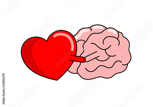 Cartoon human brain with red heart. Internal organs.  Brain and heart concept.  emotions and rational thinking. Vector illustration isolated on white background.