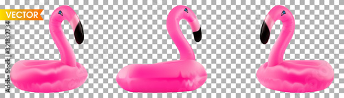 Flamingo collection inflatable set toys. Tropical pink realistic bird isolated on white background. Float flamingo.