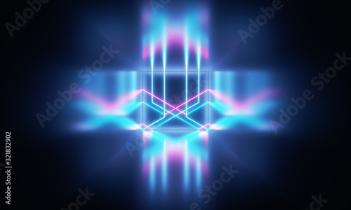Blue and purple luminous fluorescent neon lights. Pure reflective dark metal surface. Sci Fi futuristic stage empty background. 3d rendering - illustration.Keywords language: English