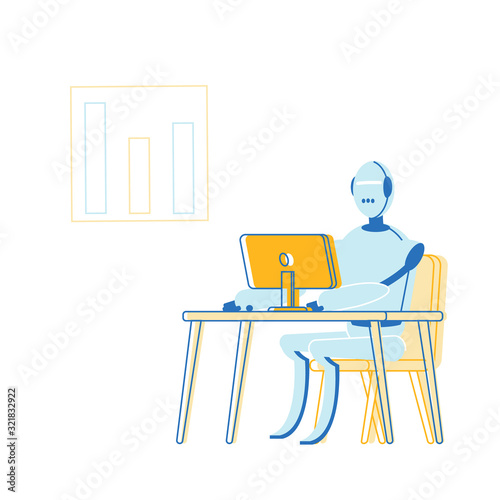Artificial Intelligence in Human Life Concept. Robot Sitting at Desk with Computer Working in Office. Futuristic Technologies, Smart Devices, Automatization Cartoon Flat Vector Illustration, Line Art
