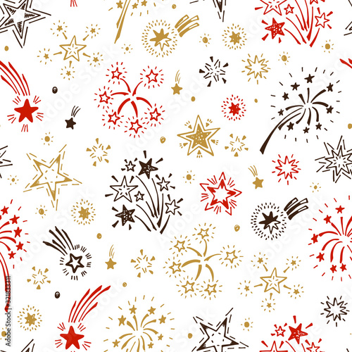 Holiday Wallpaper. Festive party background. Hand Drawn doodle Fireworks and Stars Seamless Pattern