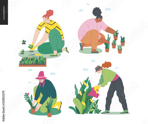 Gardening people set, spring -modern flat vector concept illustration of diverse people -men and women, doing hobby garden work -watering, planting, cutting, hoeing, arranging Spring gardening concept