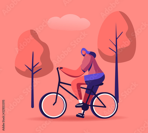 Woman Cyclist Riding Bike Outdoors in Summer Day on Nature Background. Bicycle Active Sport Life and Healthy Lifestyle Activity, Ecology Transport in Town, Bike Rider Cartoon Flat Vector Illustration