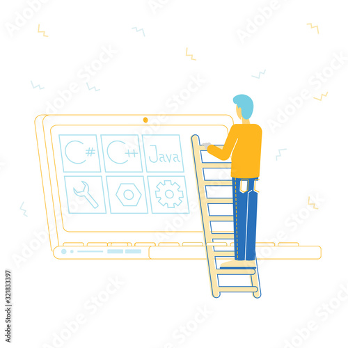 Software Development Concept. Programmer Make Site or Web Interface Project. Website Designer Developer Social Media Wireframe Front End Programming, Coding. Cartoon Flat Vector Illustration, Line Art