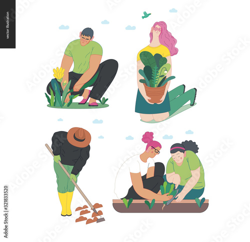Gardening people set, spring -modern flat vector concept illustration of diverse people -men and women, doing hobby garden work -watering, planting, cutting, hoeing, arranging Spring gardening concept