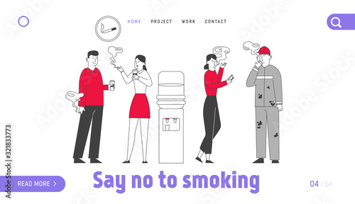 Smoking Addiction and Bad Unhealthy Habit Website Landing Page. Characters Stand near Water Cooler Drinking Coffee and Smoke Cigarettes Web Page Banner. Cartoon Flat Vector Illustration, Line Art