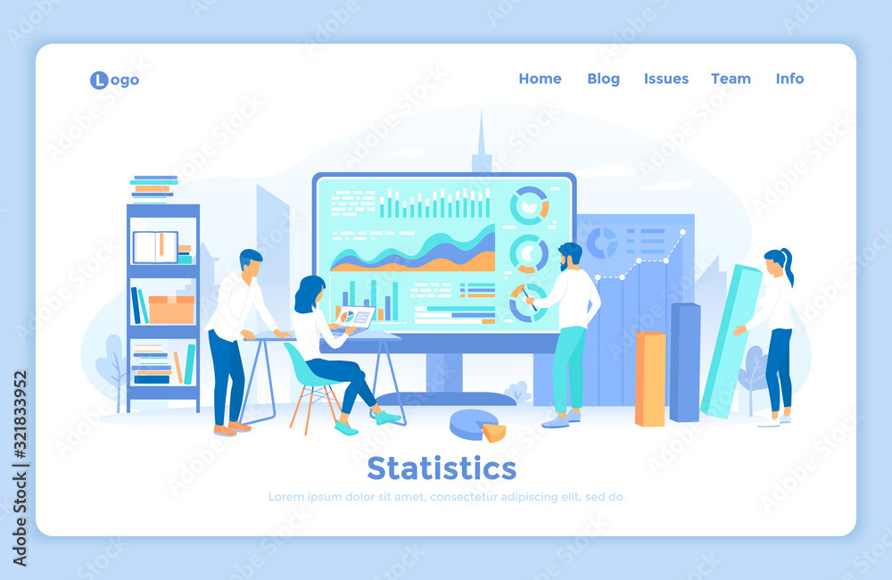 Statistics and data analysis, collection of information. Analytics team monitoring and analyzes statistical data. landing web page design template decorated with people characters.