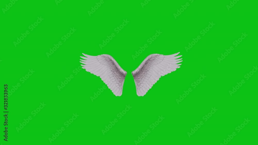 Fluffy white 3D animated angel wings with fairy tale beautiful feathers flapping on a green screen background