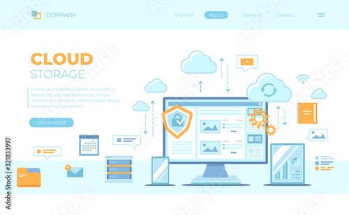 Cloud Storage. Online cloud computing, network hosting, services. Computer, phone, tablet, server, personal information, clouds. Can use for web banner, landing page, web template. Vector illustration