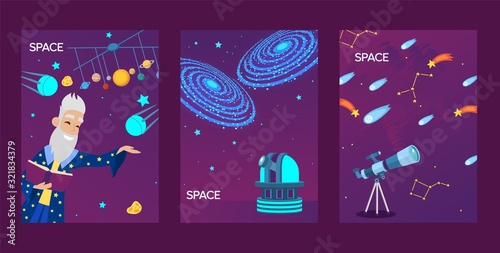 Astronomy banners, vector illustration. Space research station, observatory telescope. Old astronomer cartoon character, flat style icons of stars, satellite, comet and meteor. Astronomy for children