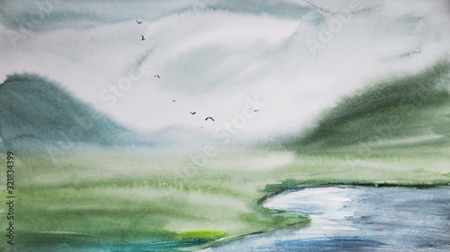 watercolor nature and landscape with mountain and bird 
