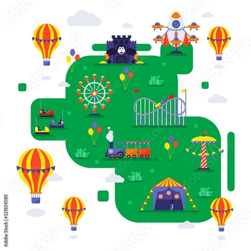 Amusement park vector illustration. Summer fairground map in flat style, carousel, train and roller coaster location. Funfair invitation, fairground scheme, fun activity for family with children