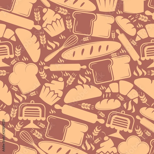Bakery icons in seamless pattern, bakehouse symbols, freshly baked bread loaf and cooking accessories, vector illustration. Isolated pastry items, monochrome wrapping paper for bakeshop package print