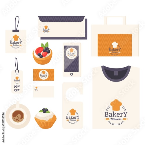 Bakery corporate identity items with emblem print, professional bakehouse accessories, vector illustration. Product label for bakeshop, business concept, icon print template for stationery and uniform
