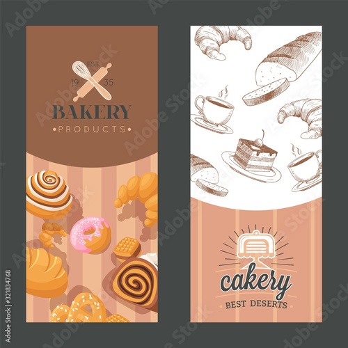 Bakery advertisement, vertical banners with bakehouse emblem and freshly baked pastry, vector illustration. Graphic hand drawn pastry products cake and bread, cafe advertisement, bakeshop promotion