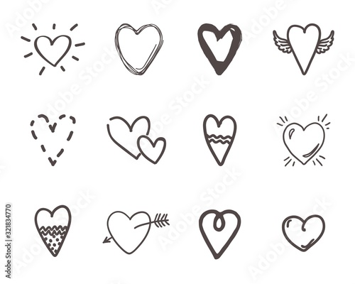 Hand drawn hearts. Outline scribble brush heart set. Doodle ink drawings love sketch. Vector minimalism rough pencil cute illustration hearts shape with wings or arrow