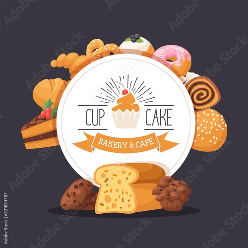 Bakery banner template, pastry shop menu cover, dessert cafe with freshly baked cakes vector illustration. Bakehouse icon, cupcake store emblem, bakeshop advertisement campaign typographic poster