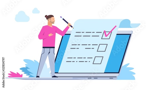 Man fill out online form. Cartoon person with laptop puts a mark. Vector illustrations applications health survey or client claim concept