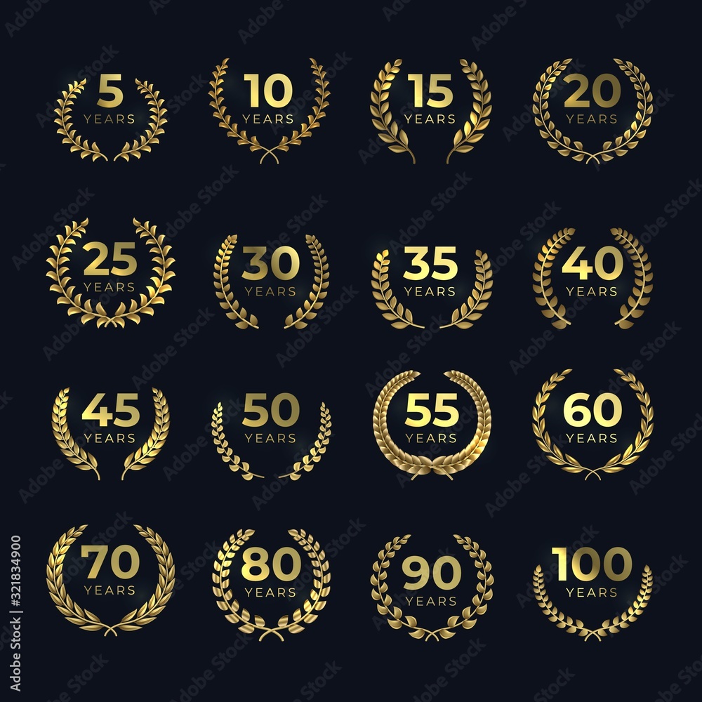 Obraz premium Golden anniversary laurel wreaths. Birthday gold symbol set with laurels leaf shapes. Vector template emblem for achievement award