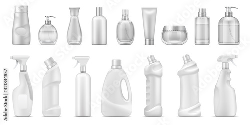 Realistic dispenser. Cosmetic containers and white blank cleaner bottles  3D isolated toilet and bath household chemicals. Vector blank bottle set for detergents or cosmetic product