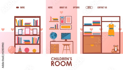 Children room furniture store, cozy home interior online modern design website, vector illustration. Landing page template for kids room furniture collection, flat style simple layout house apartment