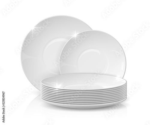 Realistic dishes. Stack of plates and bowls, 3D white ceramic crockery, dishware mockup isolated on white. Vector illustration stacked kitchen tableware for restaurant serving photo