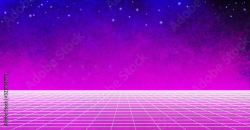Hand painted purple watercolor texture with perspective grid. Abstract retro background in 80s style. Laser game consept.