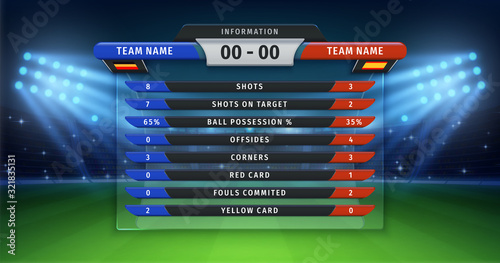 Football scoreboard. Soccer cup statistics of teams, championship or sport match information table on vector background of football stadium. Sport league lineup statistics information outdoor