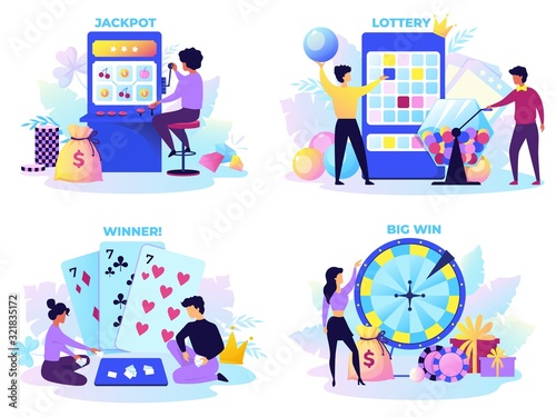 Flat lottery. Cartoon bingo game scenes with happy characters, lotto spinner, fortune wheel and gambling machine. Vector set instant casino play