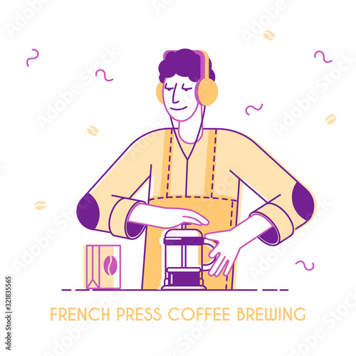 Male Bartender or Hipster Character Make Brewing French Press Coffee Concept. Coffee Shop Poster, Advertising Banner, Hot Drinks menu Flyer, Cafe Brochure. Cartoon Flat Vector Illustration, Line Art