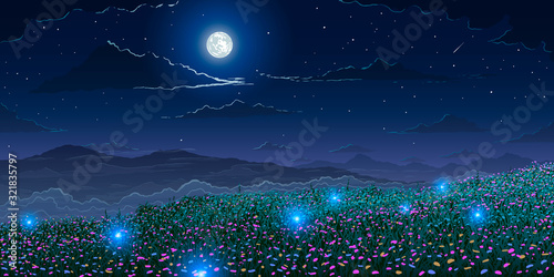 Vector spring landscape background. Mountains and flowering meadows with glowworms at moonlight night.
