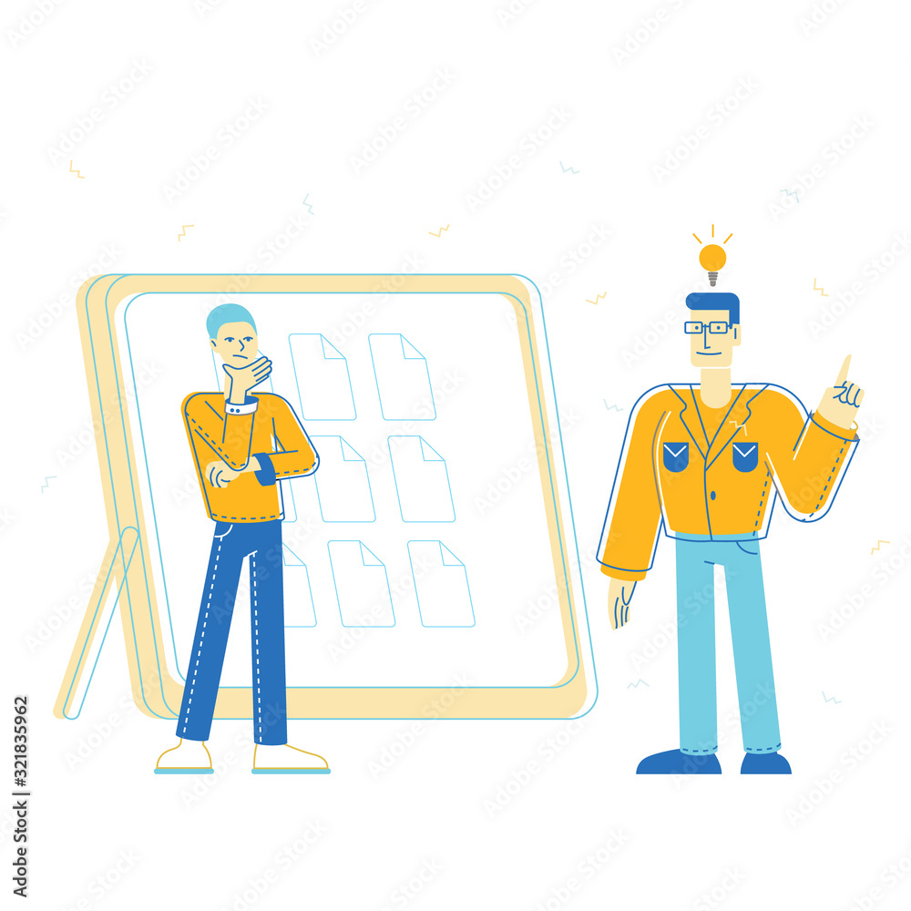 Office People Develop Creative Ideas Stand near Huge Tablet Pc with Files Folders on Screen. Businessmen Planning and Analyzing Working Process, Team Work Cartoon Flat Vector Illustration, Line Art