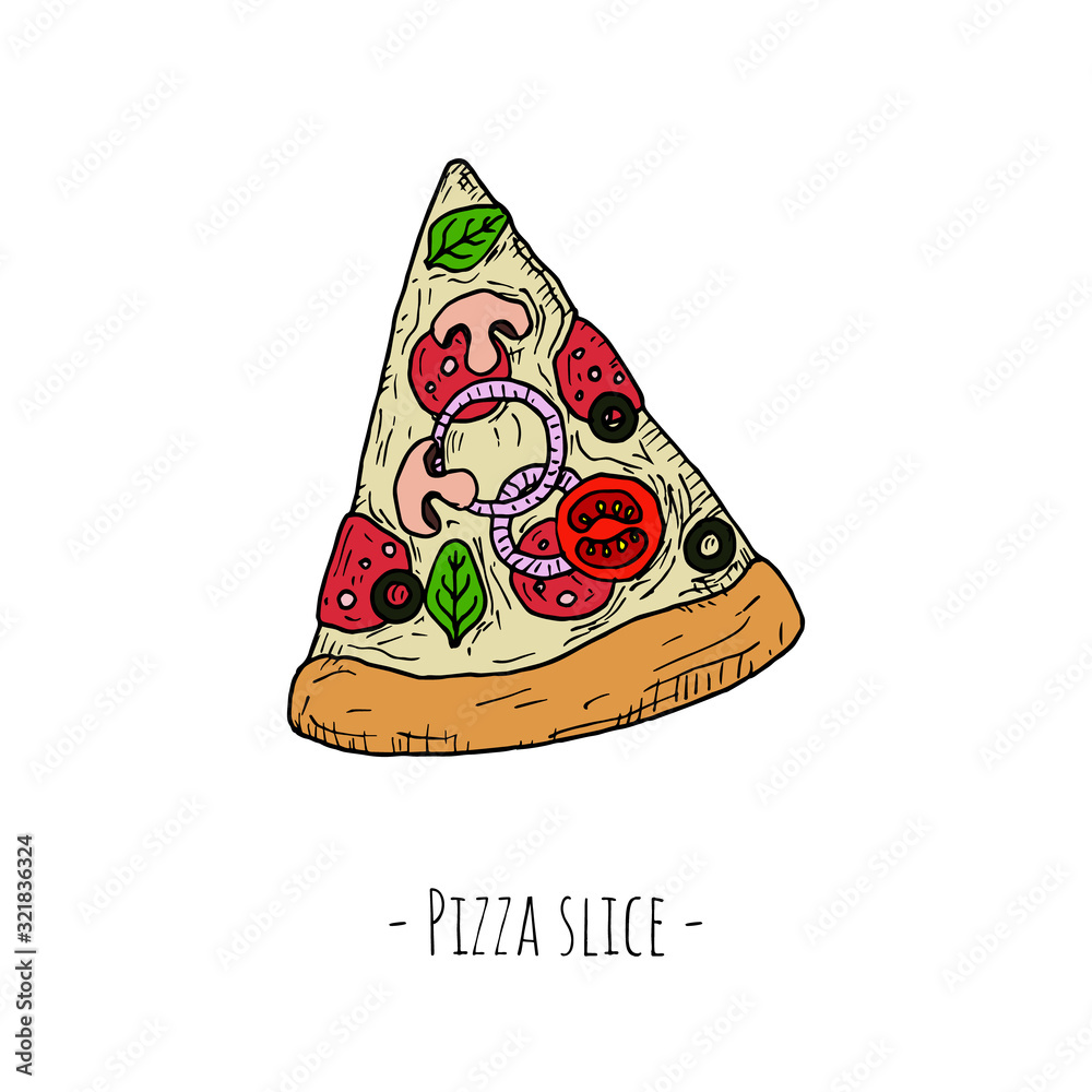 Fototapeta Pizza slice. Isolated object on a white background. Hand-drawn style. Top view. Vector cartoon illustration.