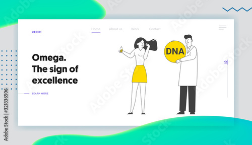 Hair Beauty and Female Health Website Landing Page. Doctor Giving Huge Droplet of DHA Docosahexaenoic Acid Type of Omega Fat to Young Woman Web Page Banner. Cartoon Flat Vector Illustration, Line Art