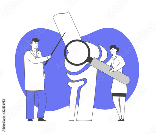 Orthopedics Healthcare Concept. Doctor Orthopedist Pointing on Huge Leg Bone, Nurse with Magnifying Glass. Colleagues Specialist Medical Concilium in Hospital Cartoon Flat Vector Illustration Line Art
