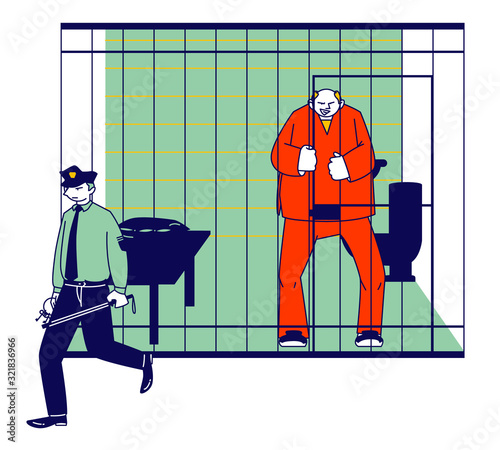 Prisoner in Prison Jail Concept. Policeman with Stick Passing by Man in Orange Jumpsuit Stand in Cell. Arrested Convict Male Character Standing Behind of Metal Bars. Cartoon Flat Vector Illustration