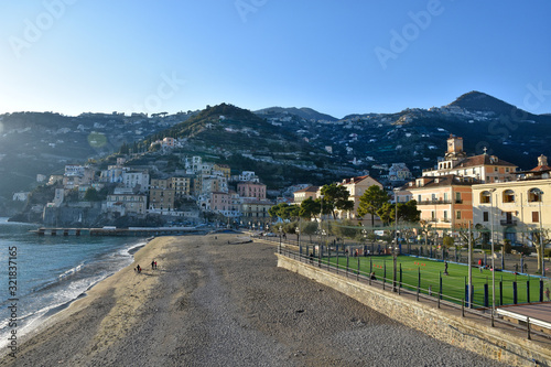 Fototapeta Naklejka Na Ścianę i Meble -  View of the beach of a town on the Amalfi coast, Minori (Italy)