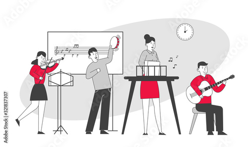 Children on Lesson in Music School Teacher and Students Training with Different Instruments Violin Guitar and Tambourine in Classroom with Notes on Blackboard Cartoon Flat Vector Illustration Line Art
