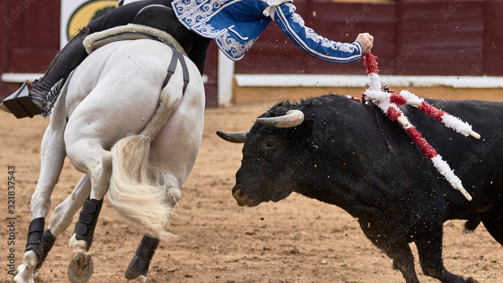 Tauromaquia a caballo en la plaza de toros durante la corrida de rejones. Tauromaquia a caballo en la plaza de toros durante la corrida de rejones.