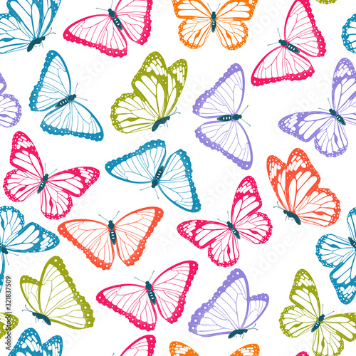 Color flying butterflies seamless pattern. Isolated on white background. Vector illustration.