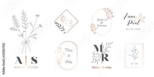 Set of Wedding Monogram with Flowers and Branches  Logos with Hand Drawn Herbs and Plants  Elegant Leaves for Invitation  Save the Date Card Design Botanical Rustic Trendy Greenery Vector Illustration