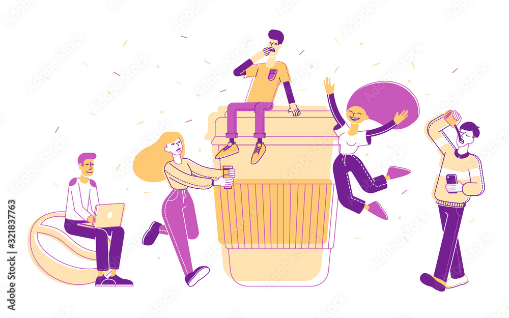 People Drinking Coffee or Hot Drink in Disposable Cardboard Takeaway Cup. Male and Female Characters Morning Refreshment, Employees Coffee Break at Office, Cartoon Flat Vector Illustration, Line Art