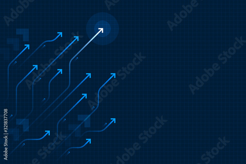 Light arrow circuit on blue background illustration, copy space composition, business growth digital concept.