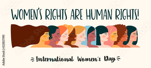 International Womens Day. Vector illustration with women different nationalities and cultures.